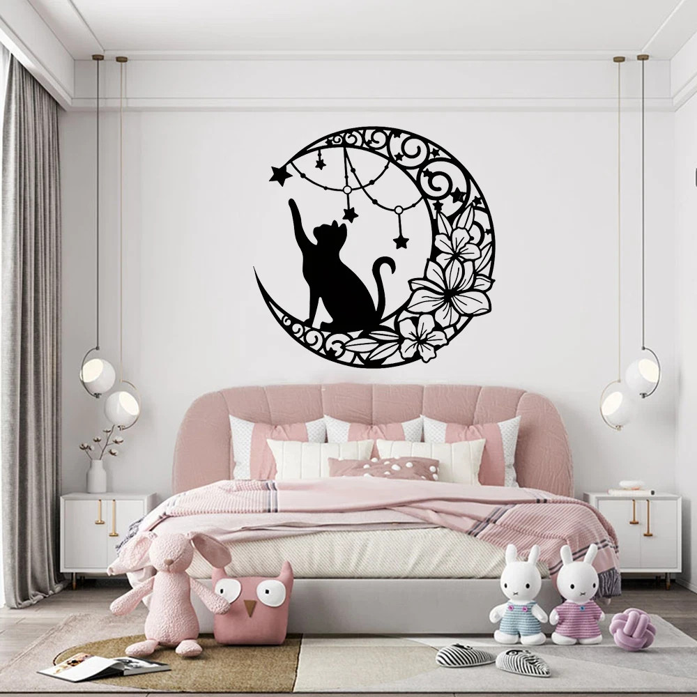 Metal Cat Wall Decor, Black Cat Wall Art,Cat Lover Gifts For Women,Metal Moon…