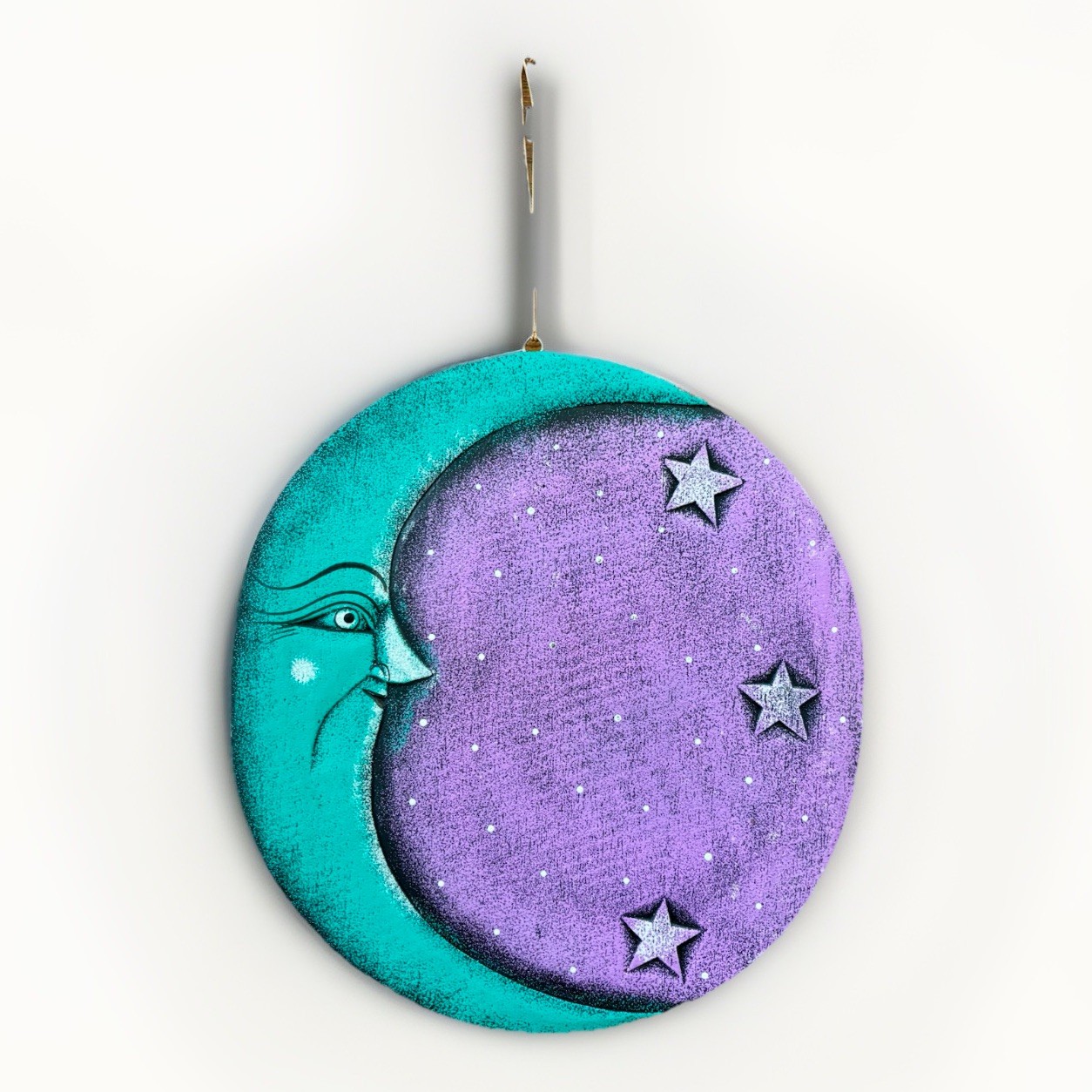 Vintage 90s y2k Wooden Celestial Sun & Moon Hanging Plaque Art Decor Purple Teal