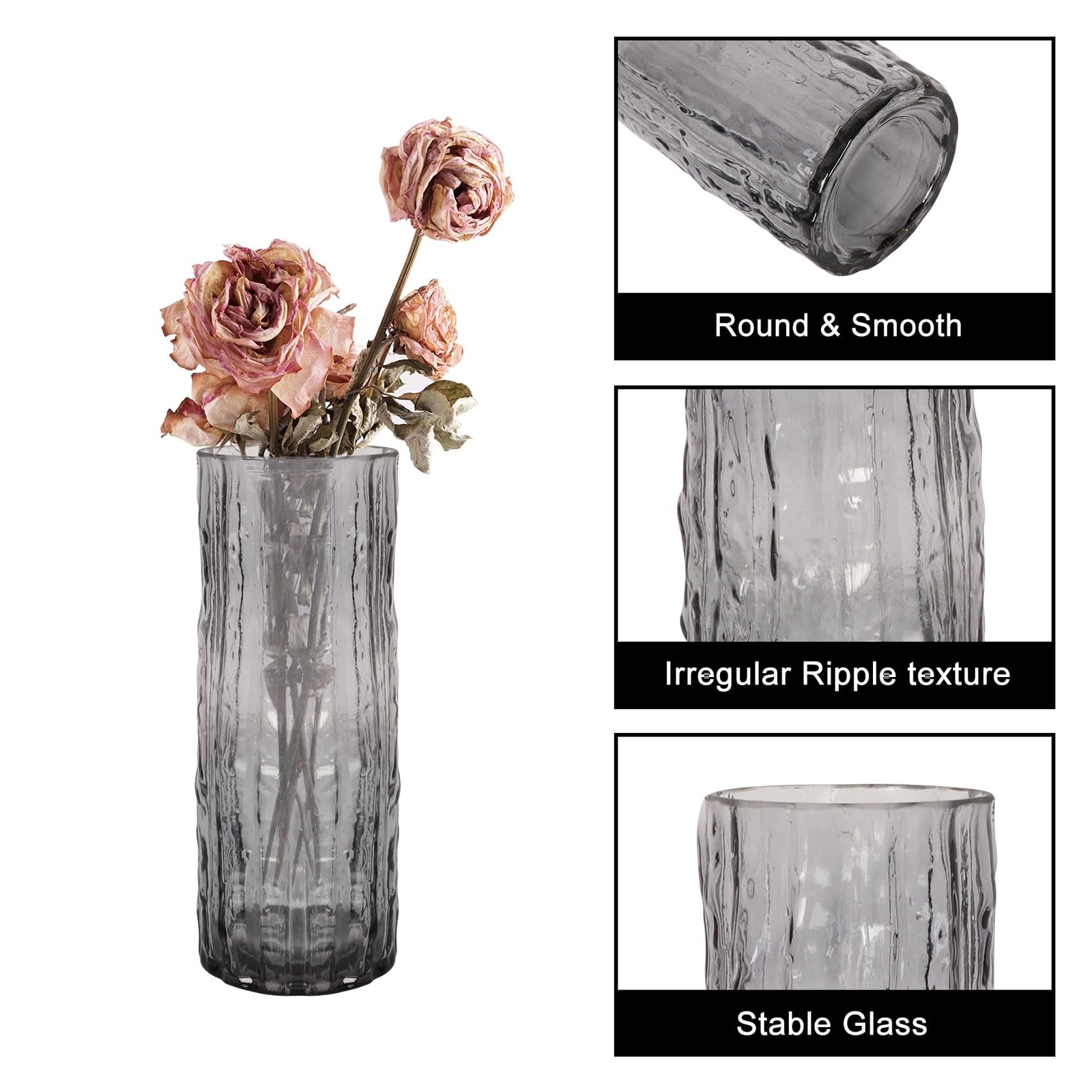 9.8 Inch Black Glass Vase, Glacier Glass Flower Vase, Boho Cylinder Ribbed Va…