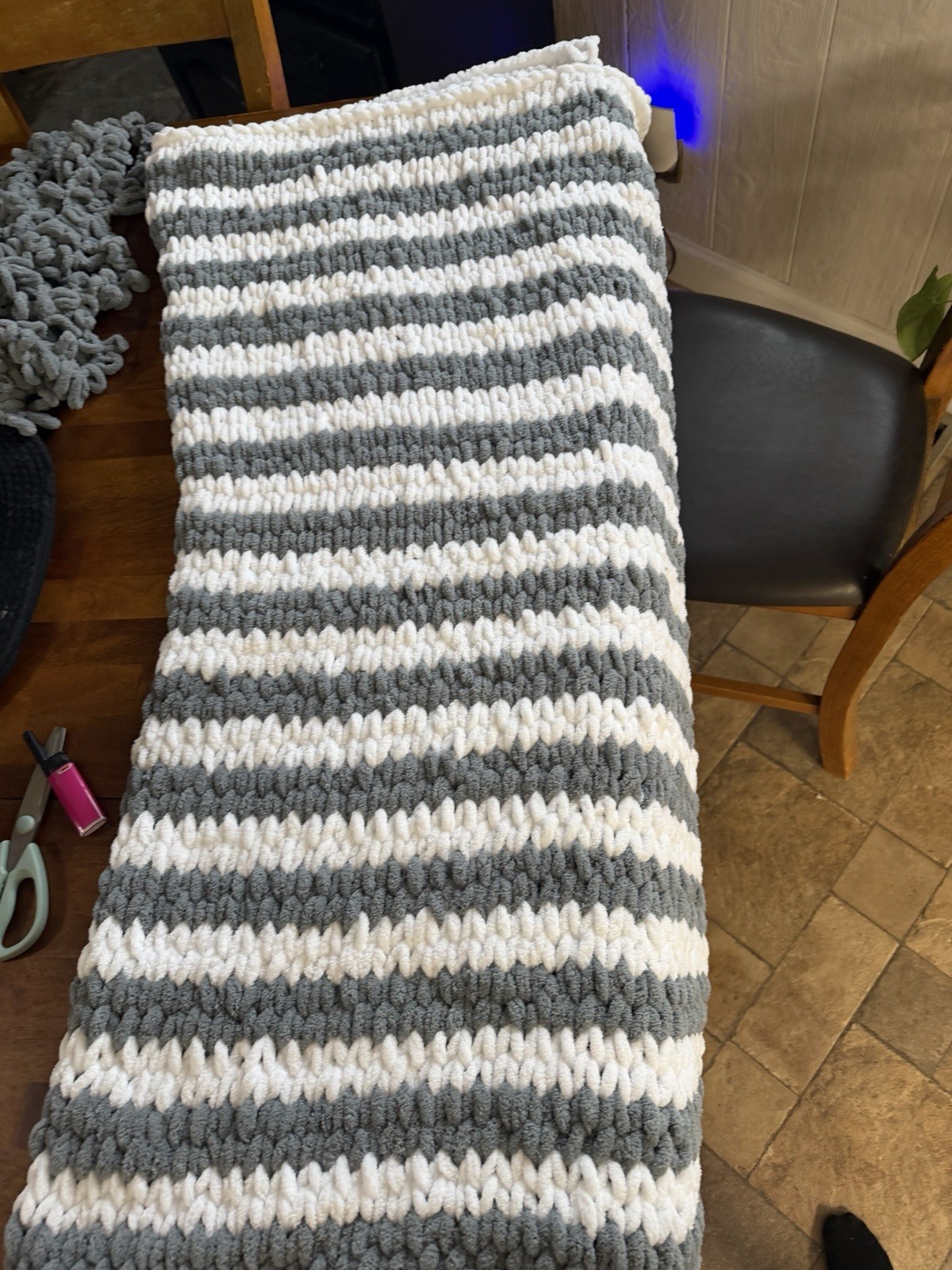 Handmade Chunky Knit Striped Gray and White Baby Blanket