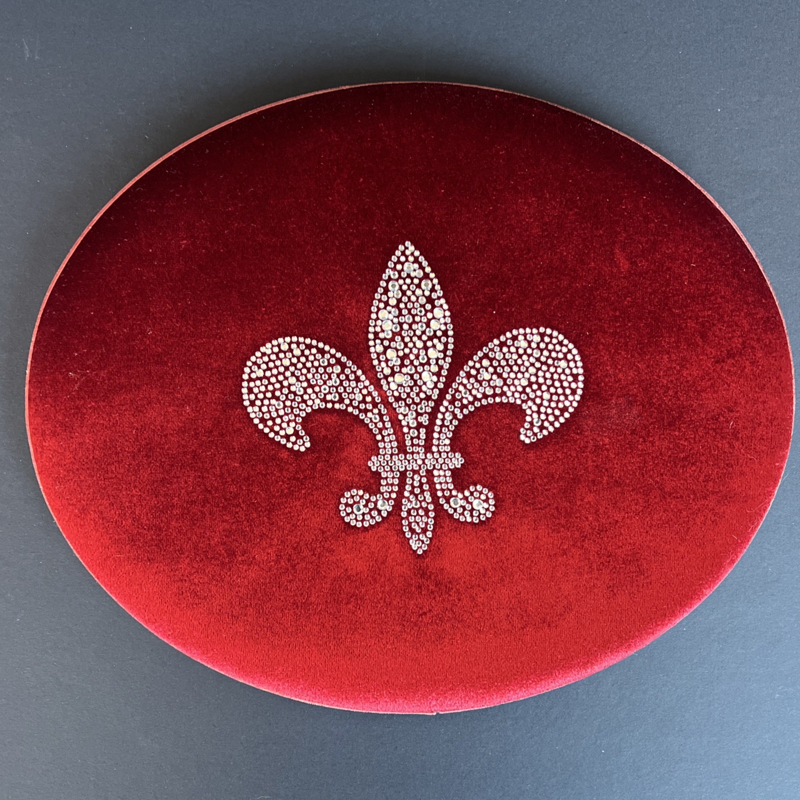 Velvet Fleur De Lis Wall Plaque Rhinestone Crystal Oval Decor 11×9 Burgundy