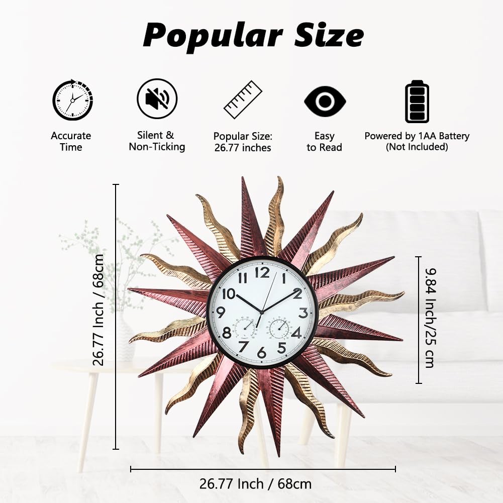 Large Outdoor Clock with Thermometer & Humidity – Silent Non-Ticking, Sun Outdoo