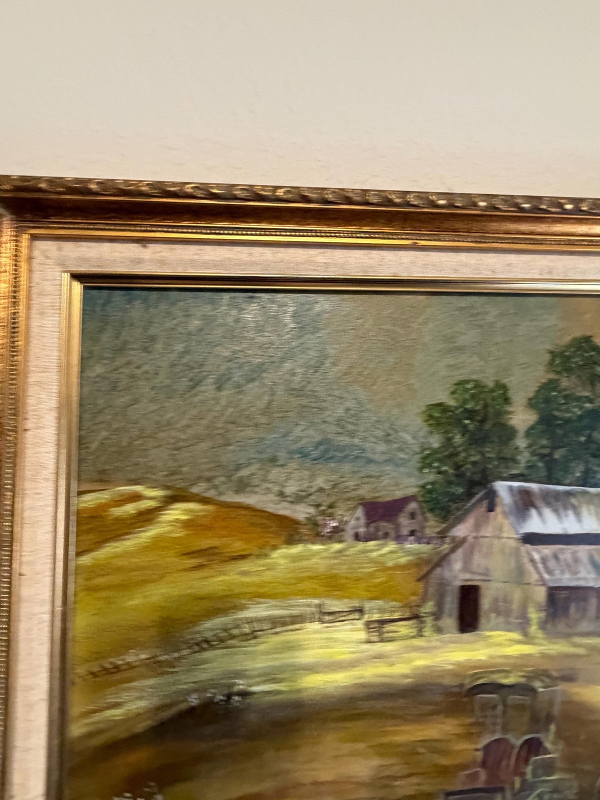 Vintage Oil Painting Signed Iva Frasier Barn Landscape 20×24 Gold Frame