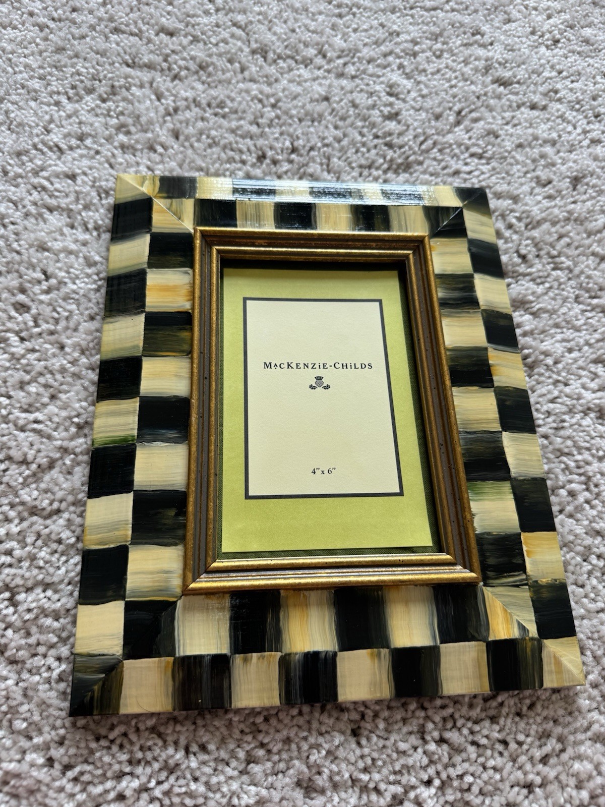 MacKenzie-Childs 4×6 Wood Photo Frame Black Cream Gold Check Wall Portrait