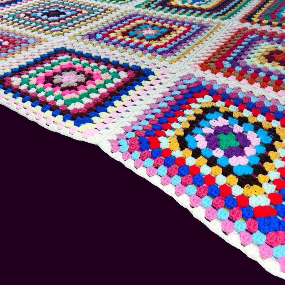Vintage Handmade Large Colorful Granny Square Crochet Hippie Afghan