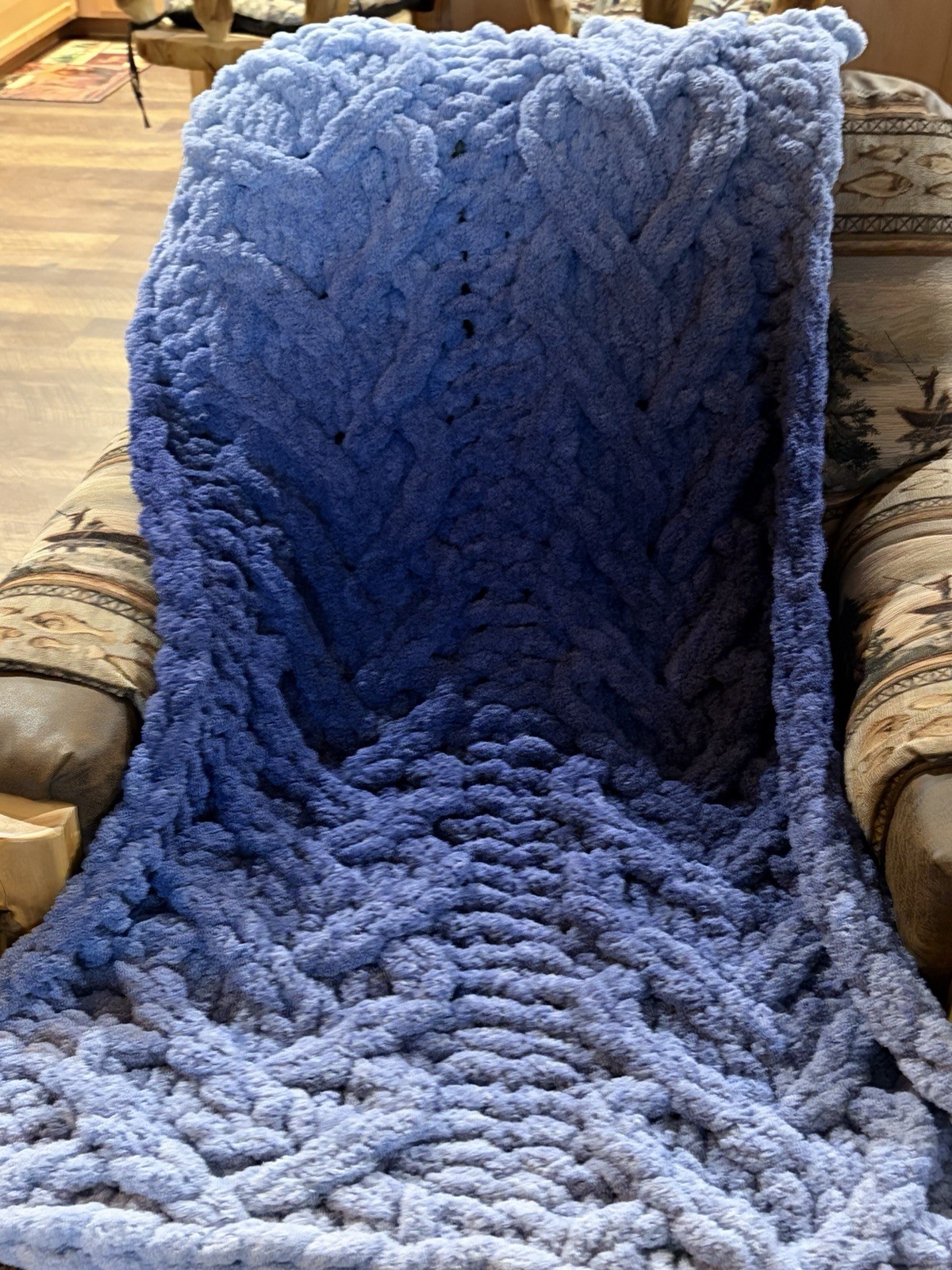 Chunky Knit Textured Cable Knit Sofa Throw Blanket, Blue & Light Blue Rectangle