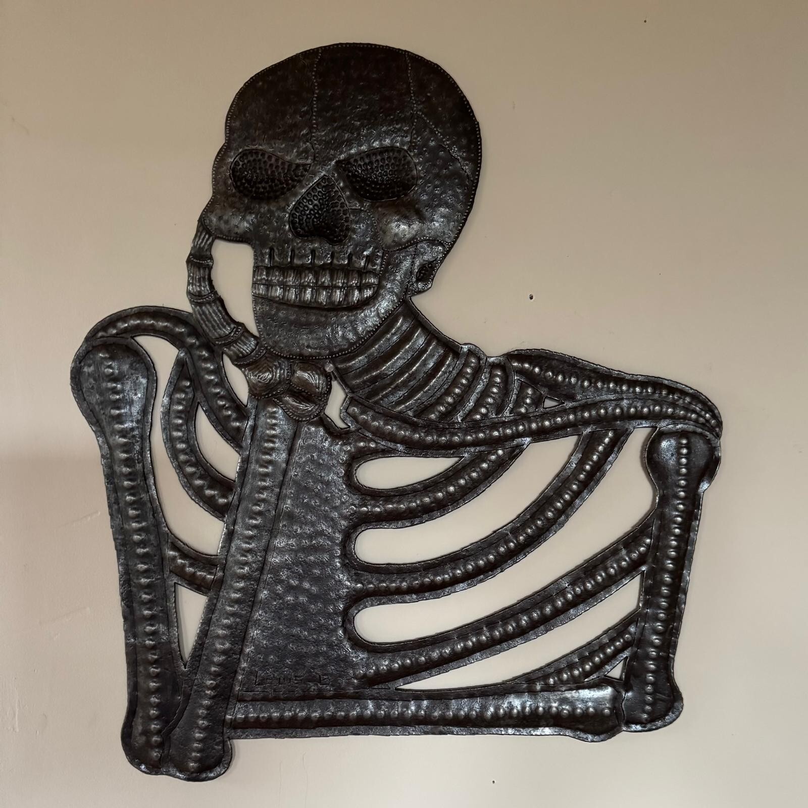 Pondering & Thinking Skeleton, Day of the Dead Handcrafted Haitian Metal Art
