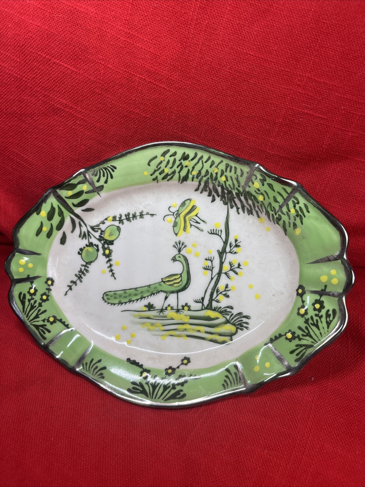 Anthropologie Trinket Dish Peacock Green White 7.5” X 5.5” Oval Silver Trim