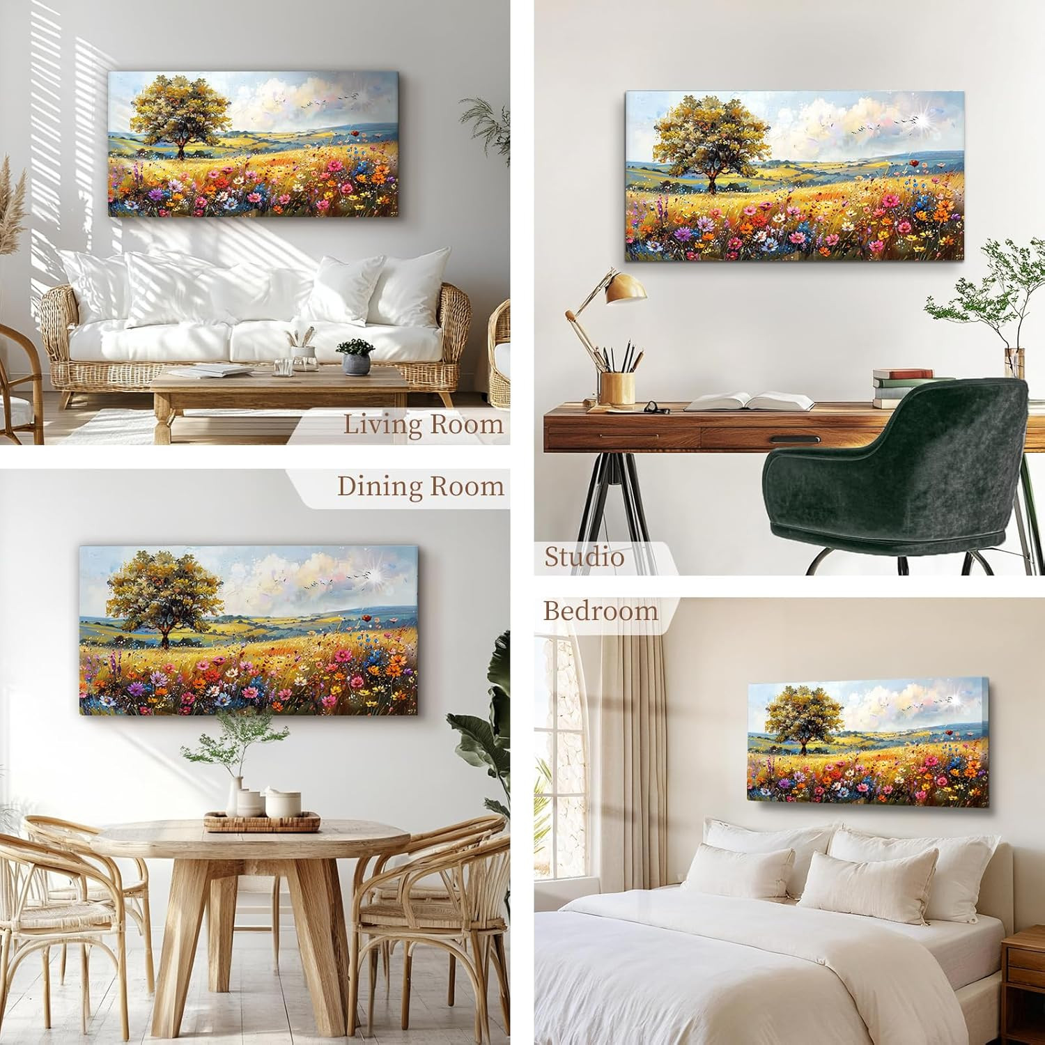 Spring Landscape Canvas Art – Colorful Tree & Wildflower Wall Decor 20×40 Inch
