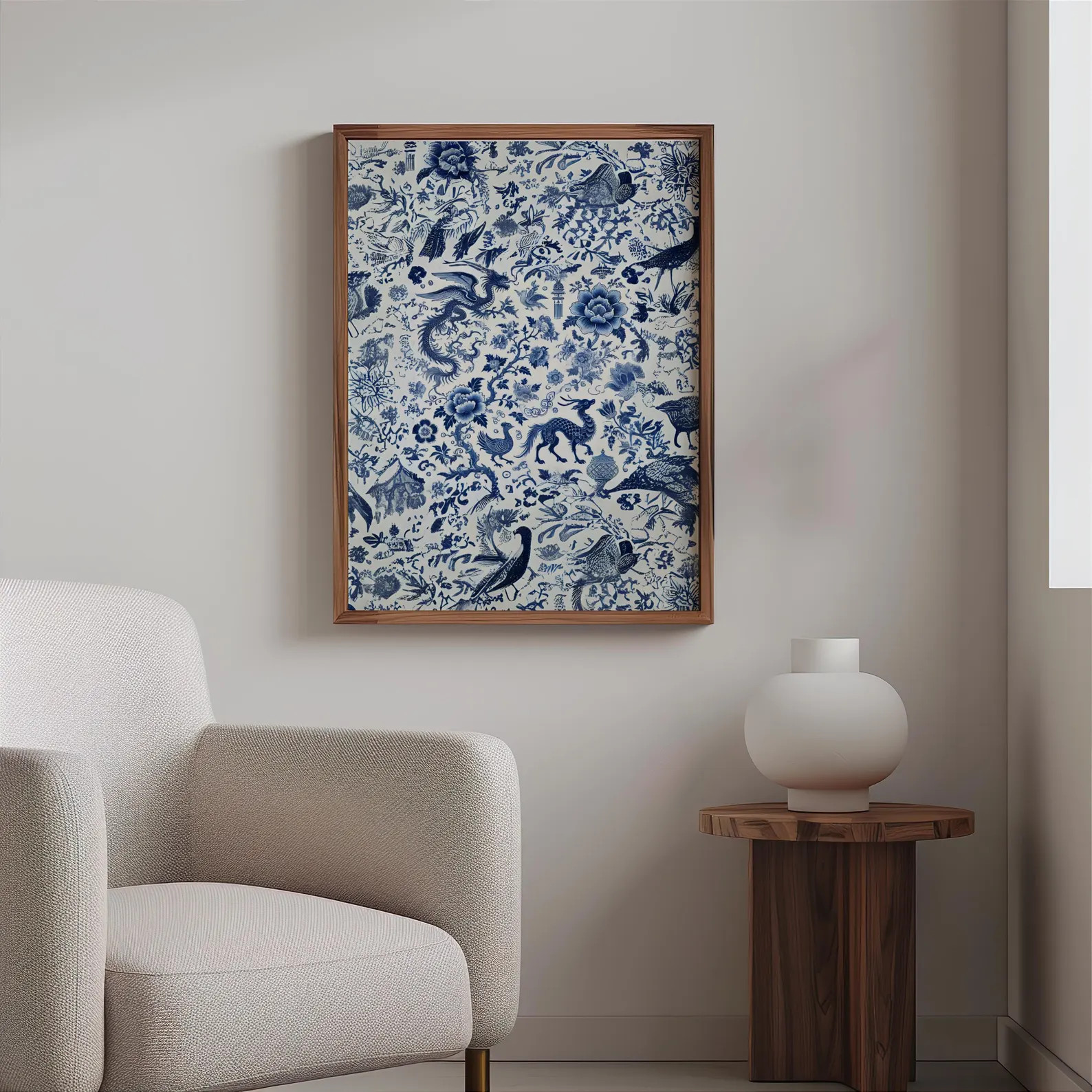 Blue and White Chinoiserie Wall Art, Framed Dragon, Bird, and Plant Print