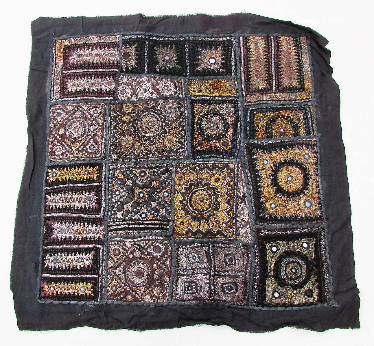 Kutchi Indian Embroidered Patchwork Wall Hanging 24″ Square Black Vintage