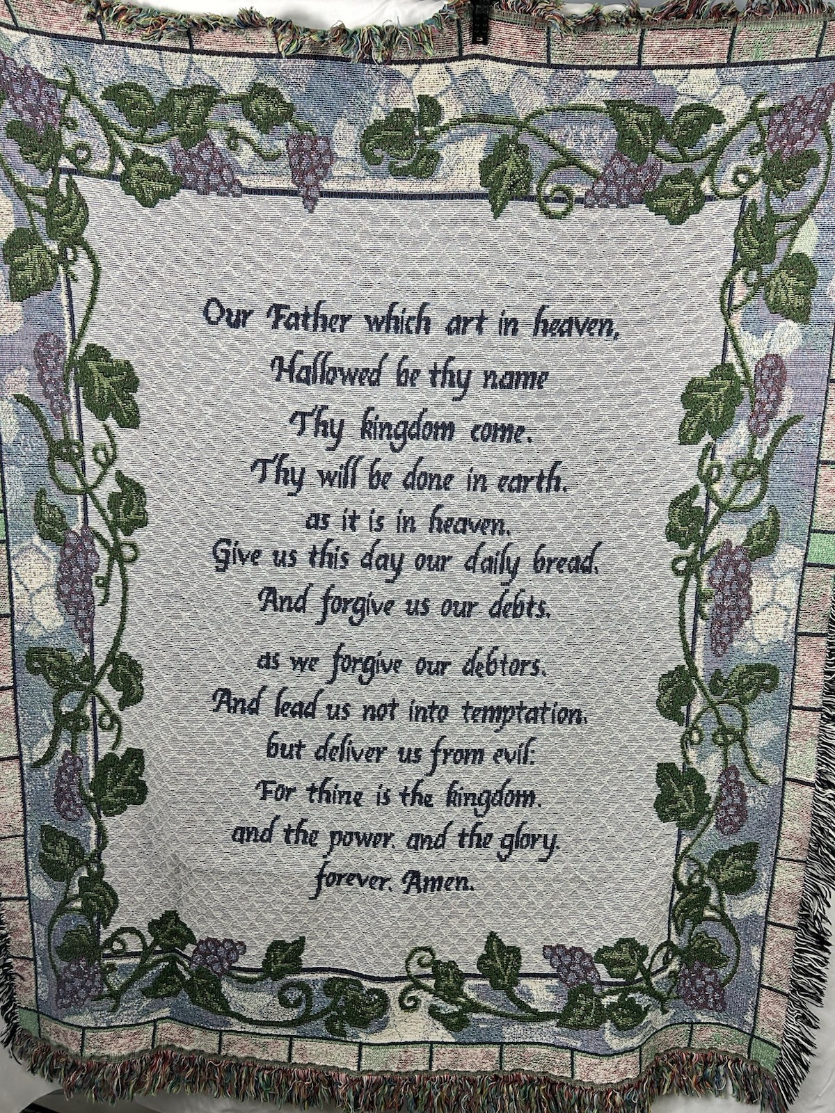 VTG The Lord’s Prayer Woven Tapestry Throw Blanket Grapevine Border Cotton 48×60