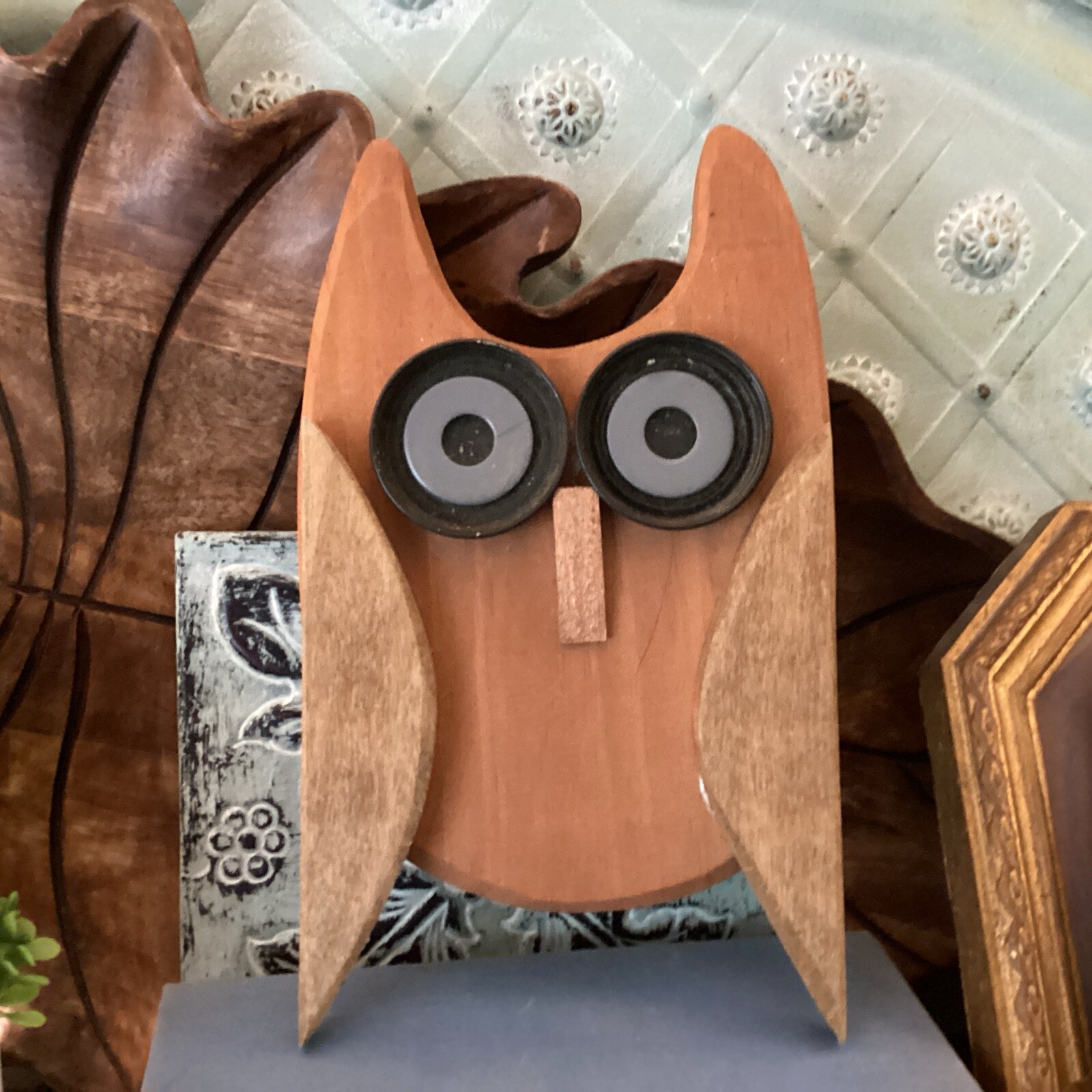 VTG Rustic Hand Painted Wood Owl Hanging Folk Art Recycled 9 1/2” By 5 1/2”
