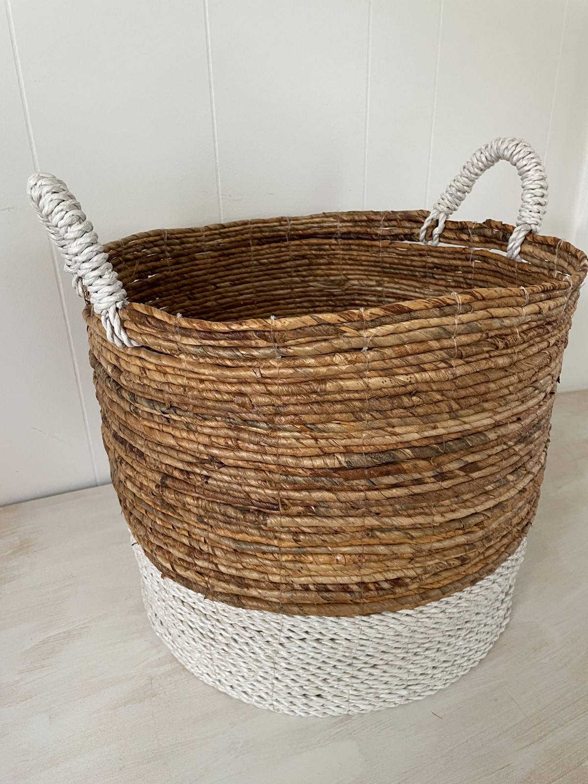 Large Natural & White Colorblock Handled Basket 16inch Storage Decor Laundry