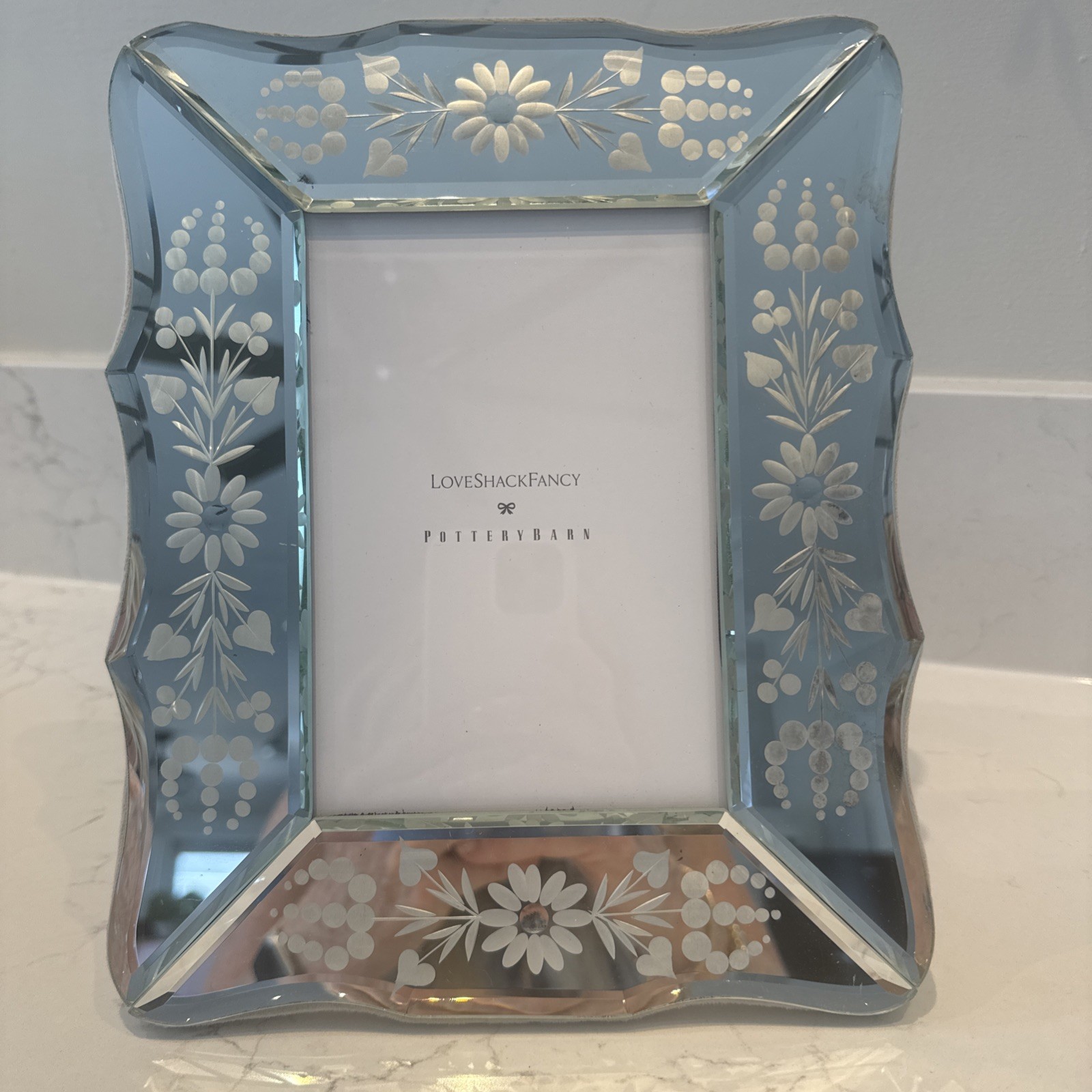 Pottery Barn LoveShackFancy Cut Glass Mirrored Frame Floral Etched Silver 5×7