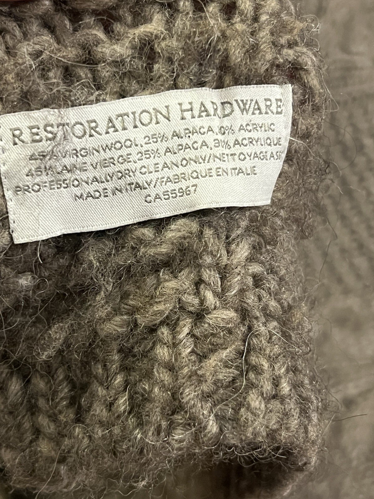 Restoration Hardware Brownish Gray Alpaca Wool Throw 83×44” Made In Italy