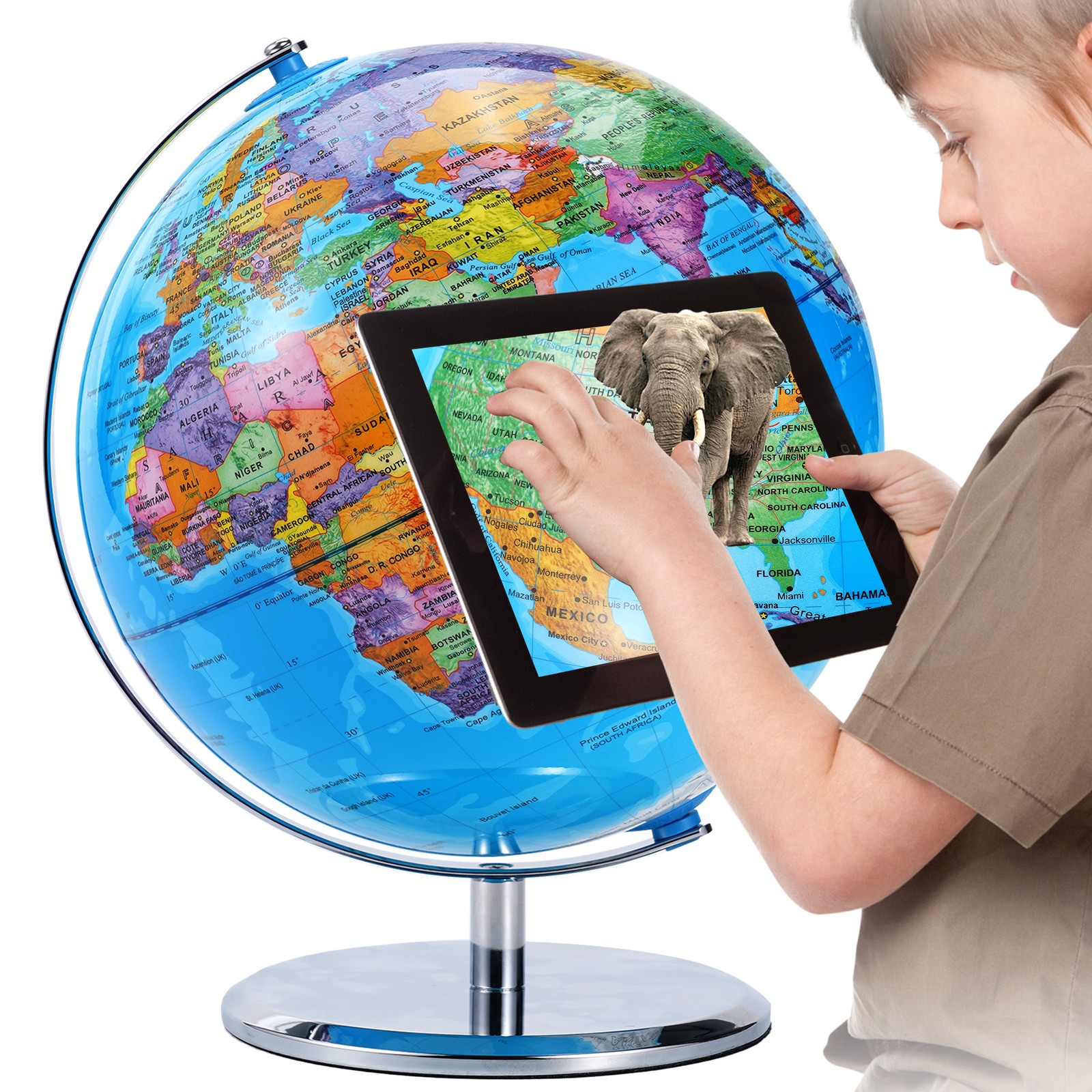 3D World Globe Earth Ocean Rotating World Map Geography w/ Stand Desktop Large