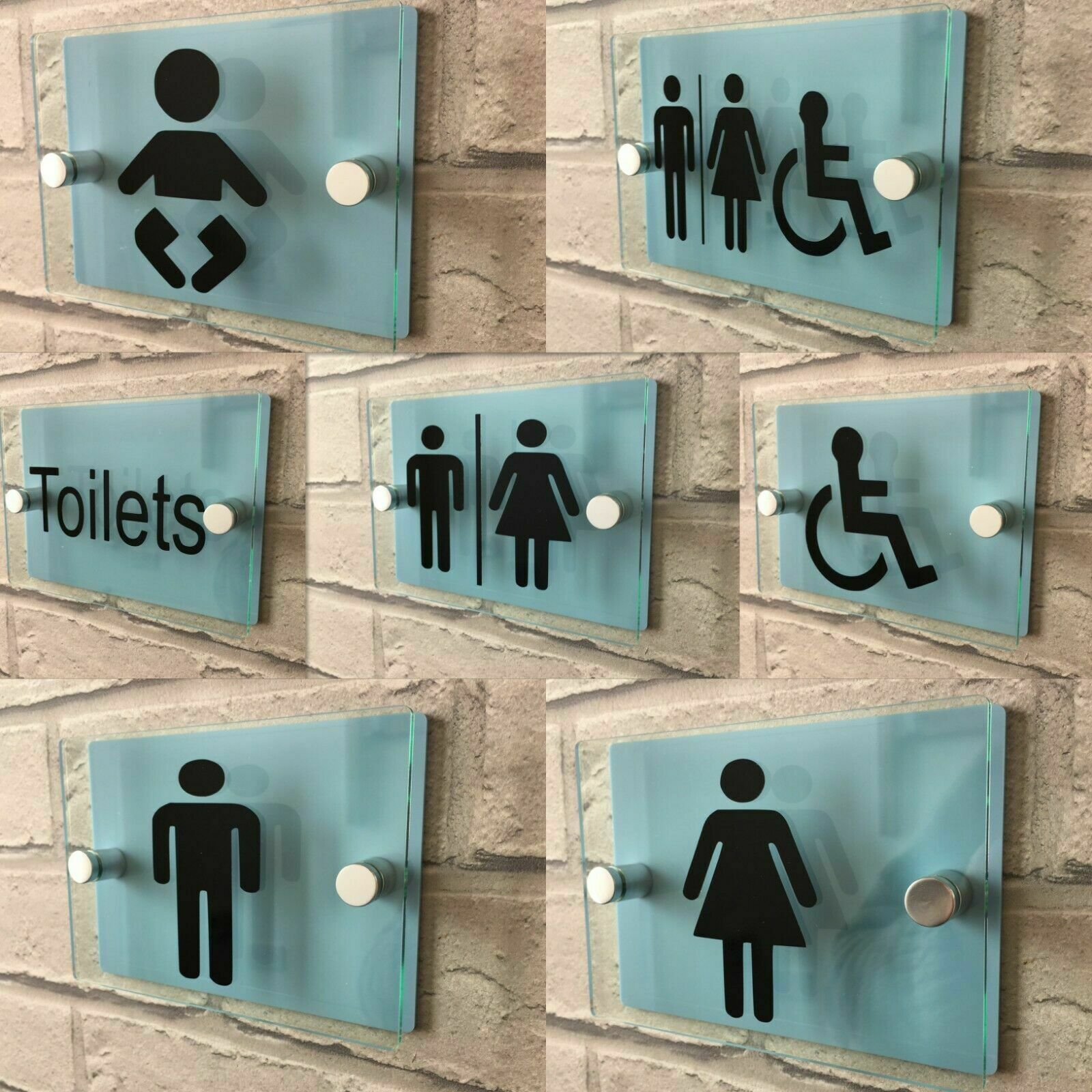 MODERN GLASS EFFECT BATHROOM TOILET SIGNS WC BABY BLUE TOILET SIGNAGE