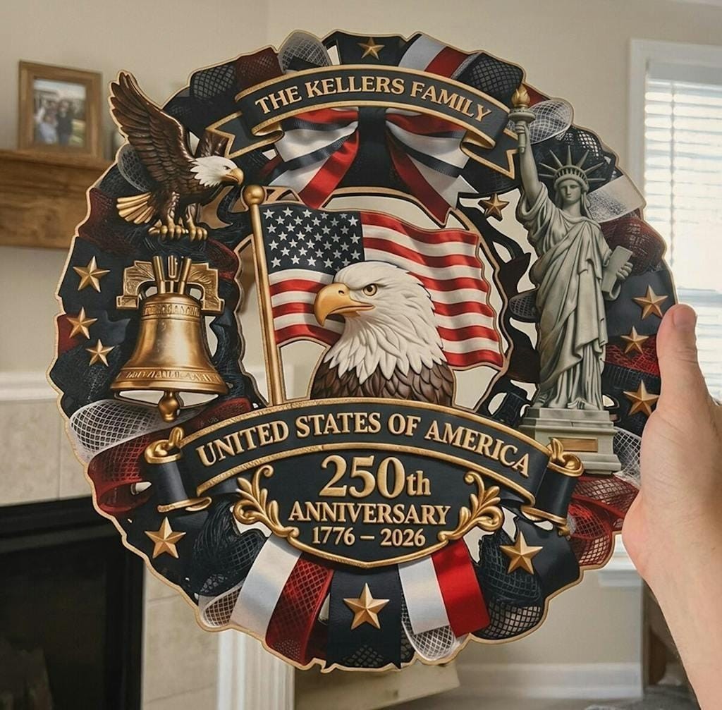 Personalized America 250th Anniversary Wood Wreath 1776-2026 Patriotic Door Sign
