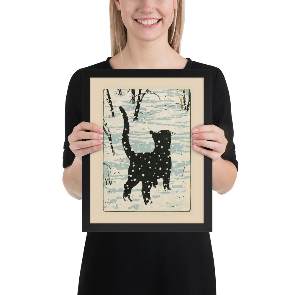 WINTER CAT 11″ x 14″ Wood-Framed Art Print Woodblock Japan Home Decor