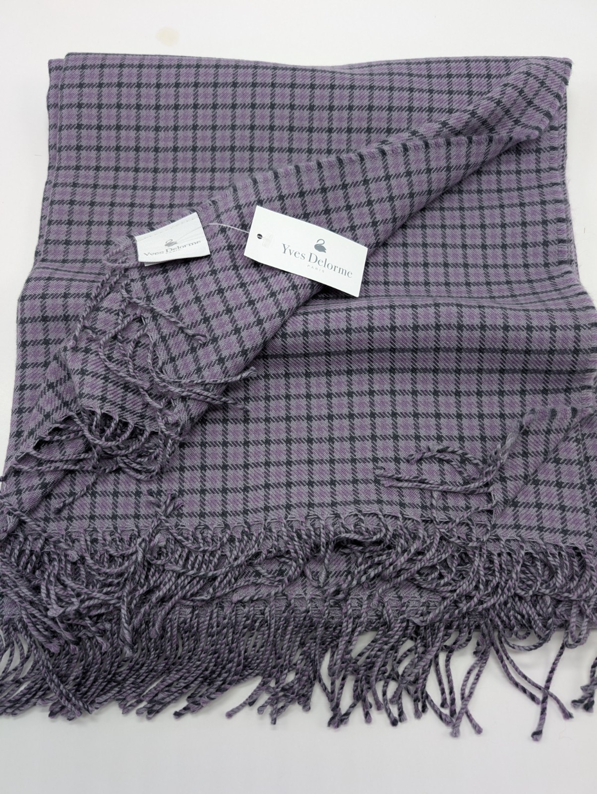Yves Delorme Purple Gabriel Throw Blanket Fringed Houndstooth Merino Wool NEW