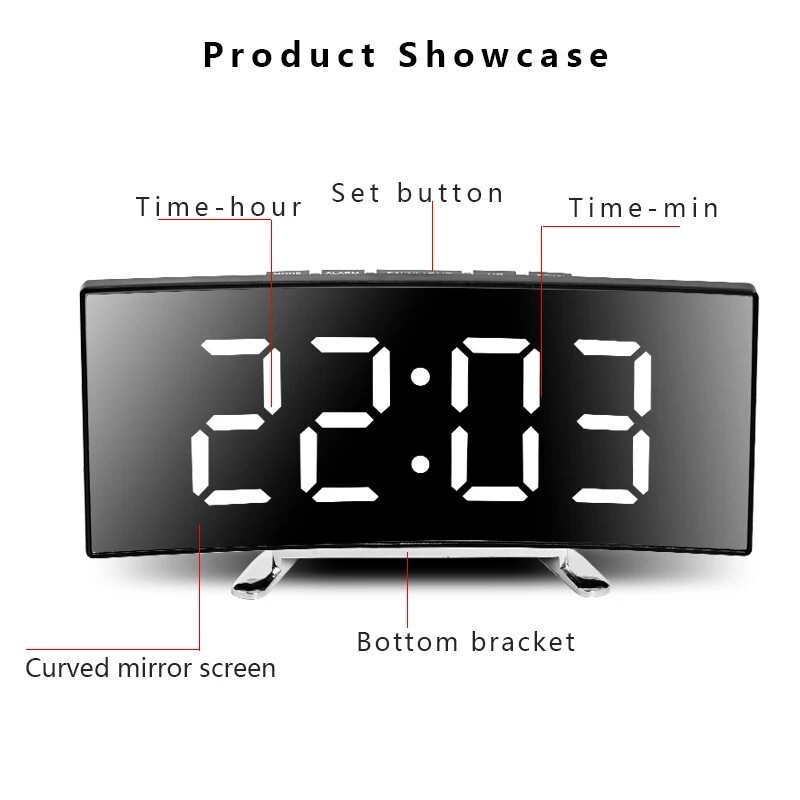 Digital Curved Screen Alarm Clock Electronic Clock Large Screen LED Mirror Clock