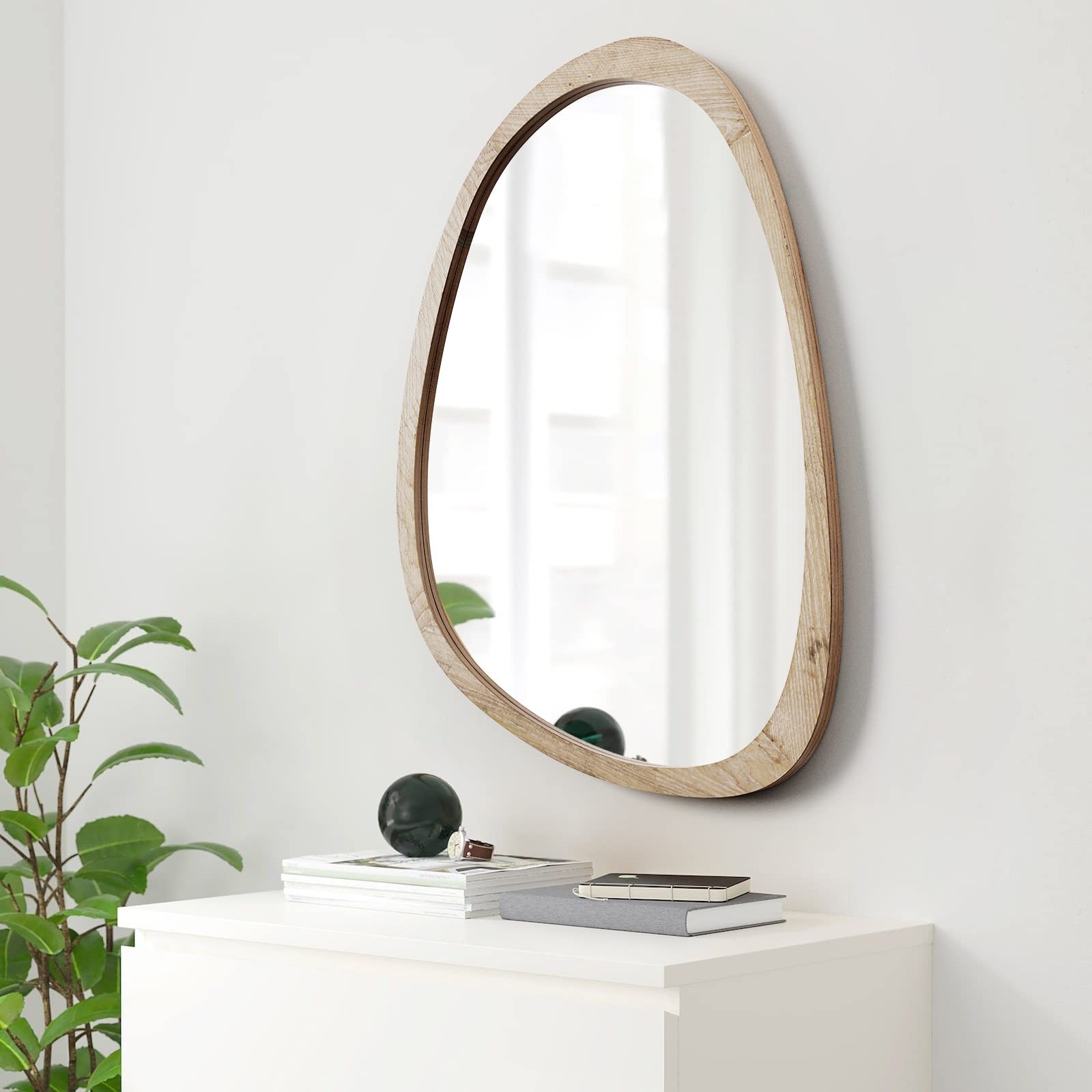 Irregular Mirror for Decor,Wood Frame Asymmetrical Wall-Mounted Mirror, Large…