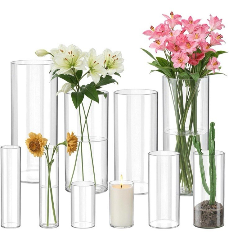 10 pcs Clear Glass Cylinder Vases, 4, 6, 7, 8, 10-Inch-tall Cylinder Vases New