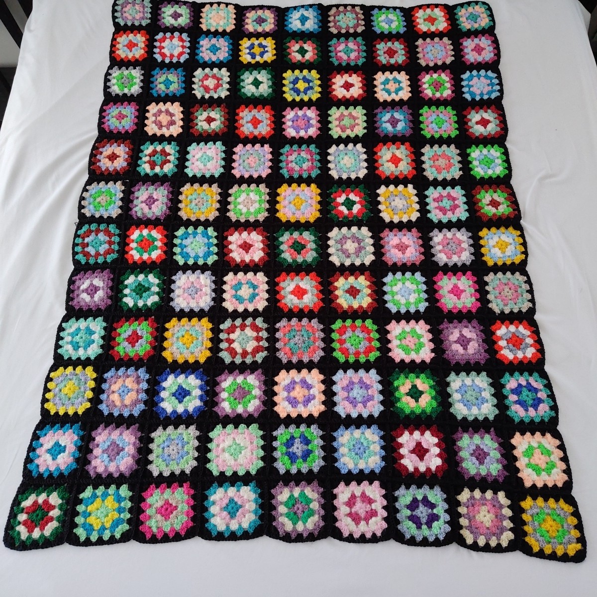 Granny Square Afghan Blanket Throw Handcrafted Crochet 49″x66″ Black Colorful