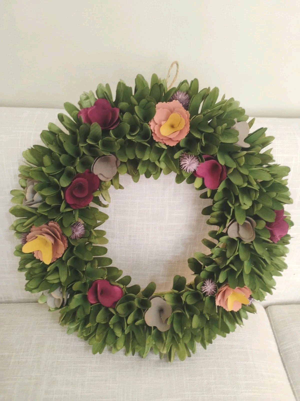 18 in Summer Wreath with Magenta Gray Curled Wood Cut Flowers Green Leaves