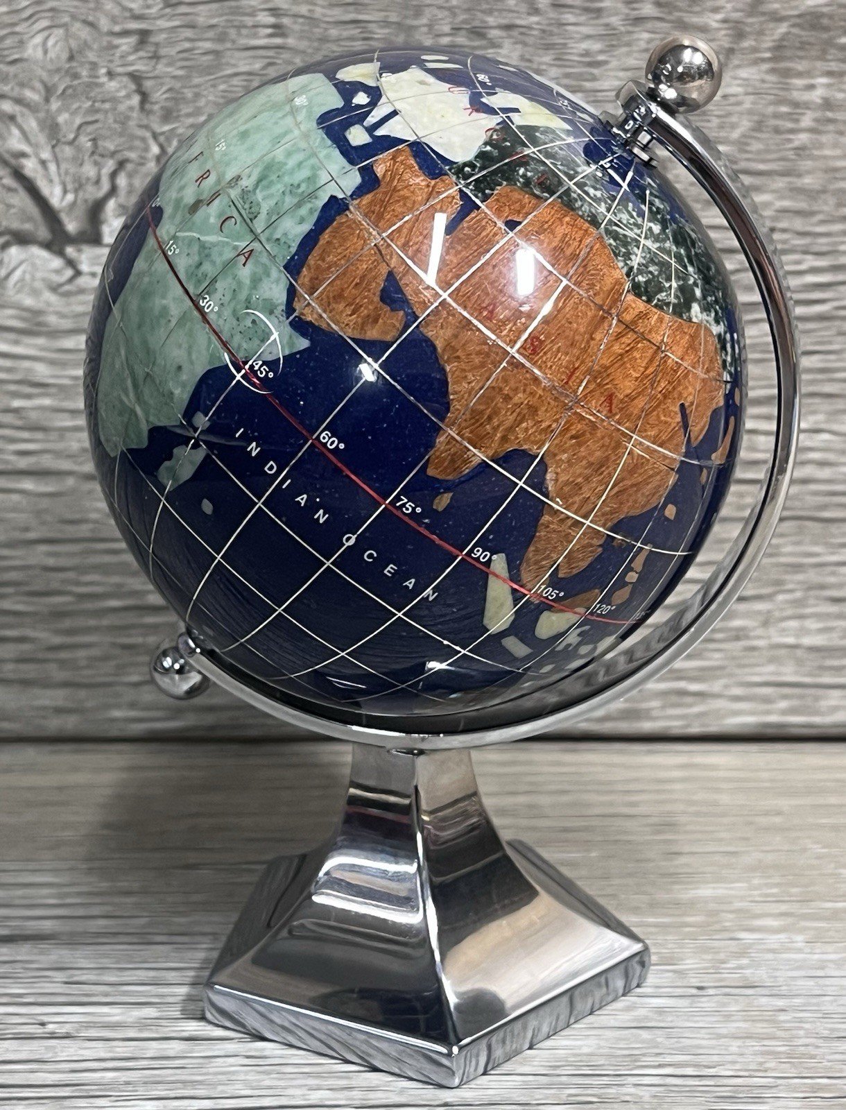 GEMSTONE MINI WORLD GLOBE Semi-Precious Inlay Chrome Stand 5.5″ Tabletop Decor
