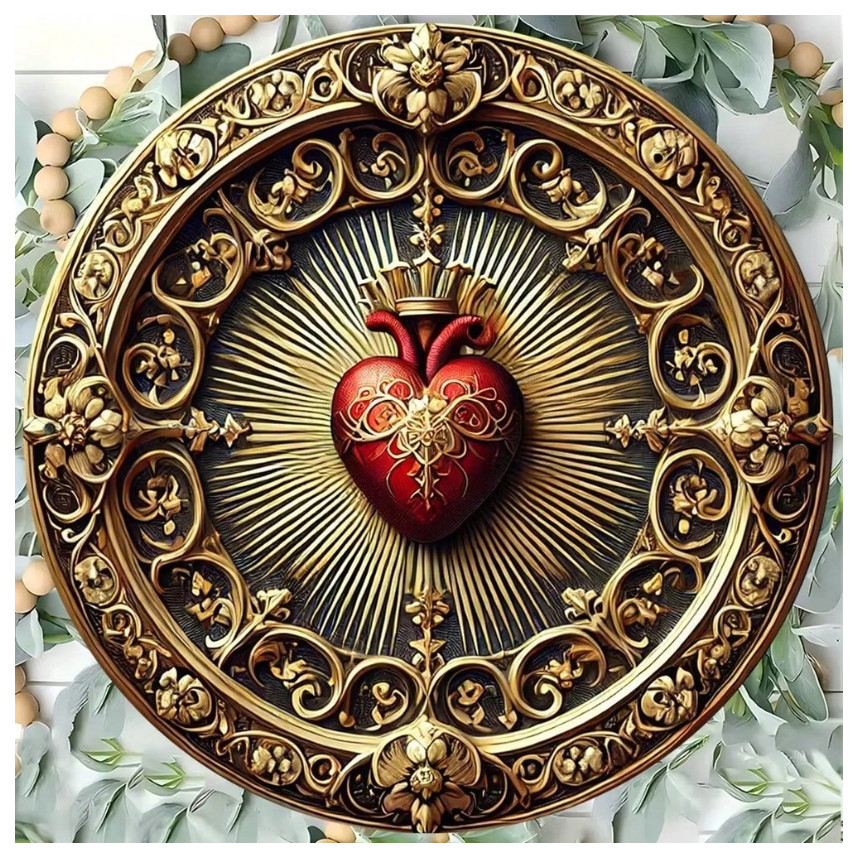 Vintage Sacred Heart Aluminum Wall Art – Golden Red Religious Decor, Home Office