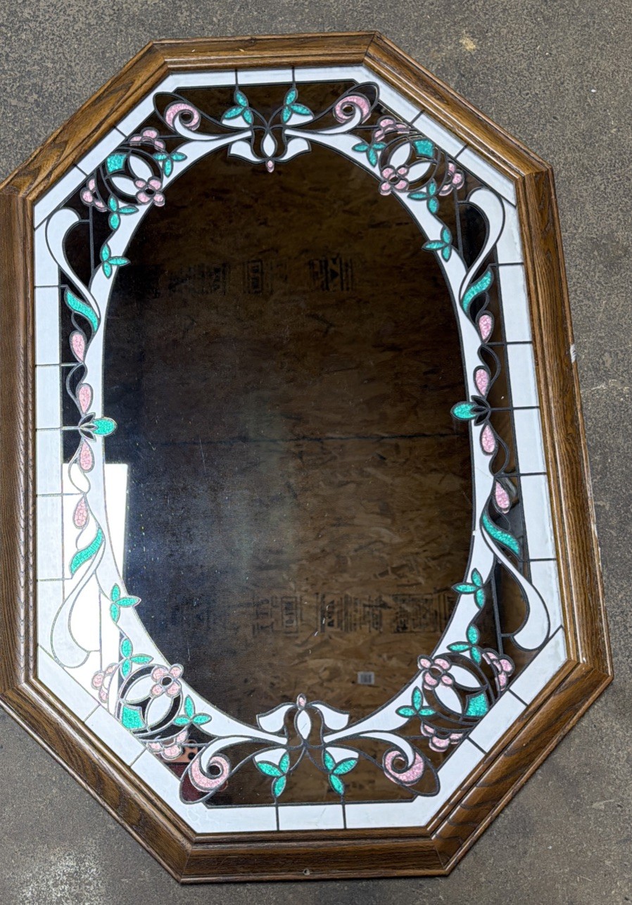 Vintage Octagonal Floral Etched Mirror Retro 1980s Stained Glass Wood Frame