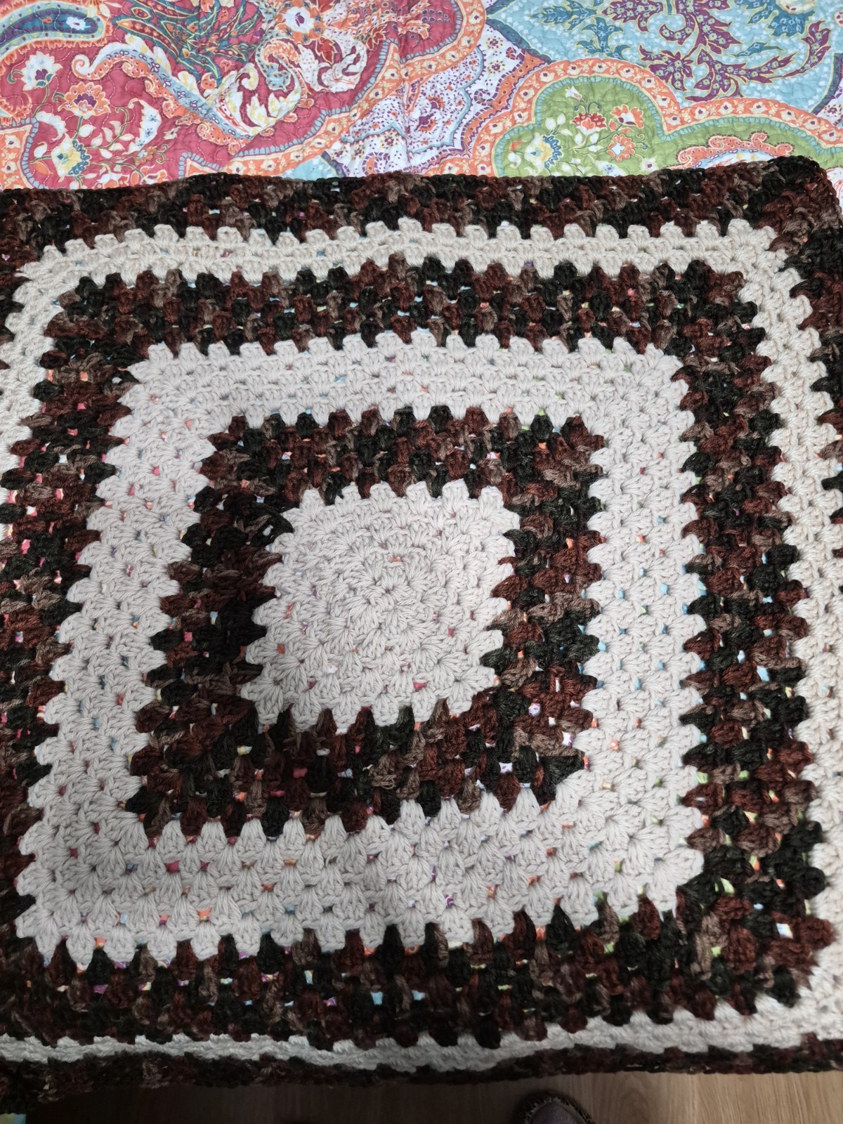 Handmade Crochet Lap/Chair Throw 33″×32″ Brown Camouflage And Beige