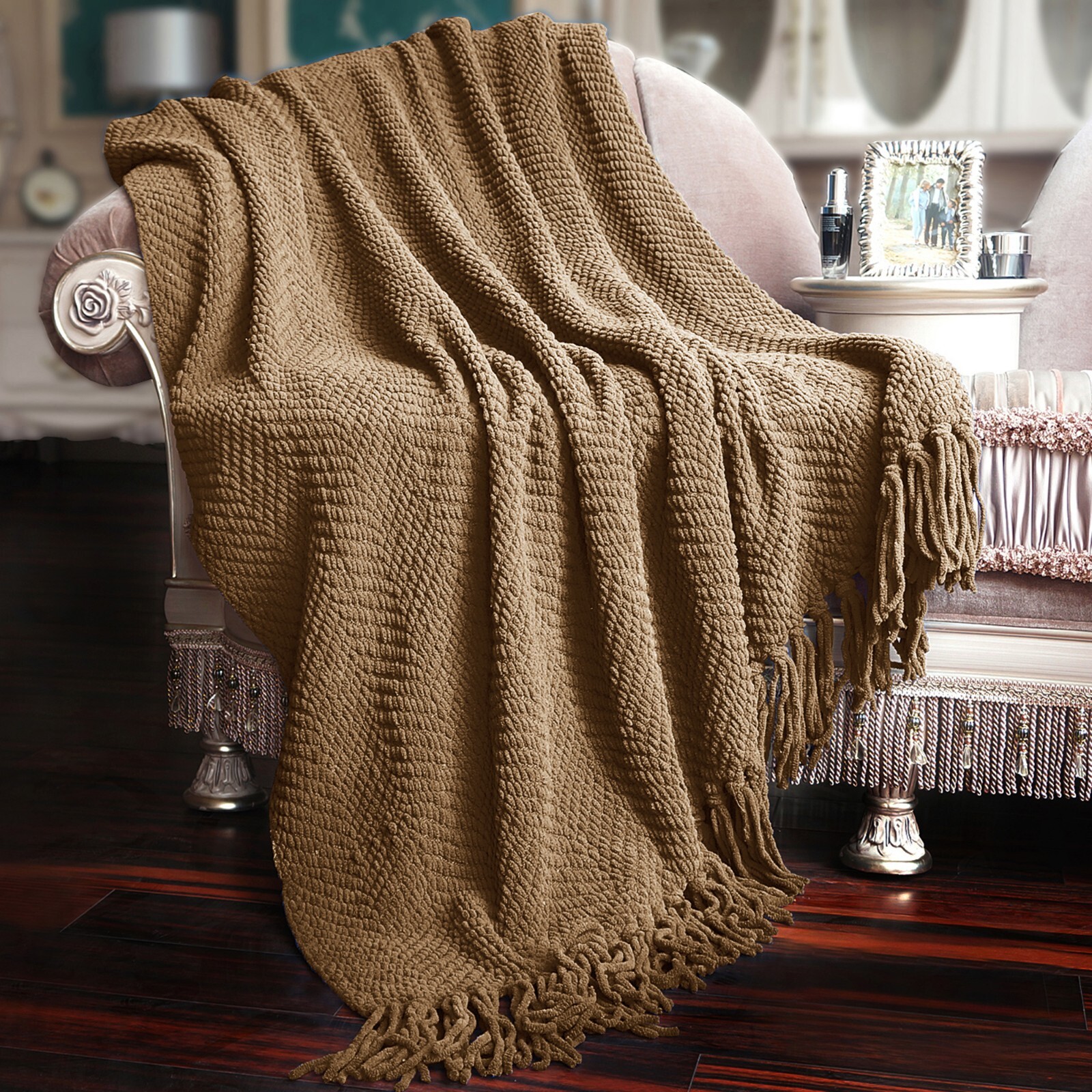Knitted Throw Blanket with Tassels Tweed Textured Lightweight Throws for Couch