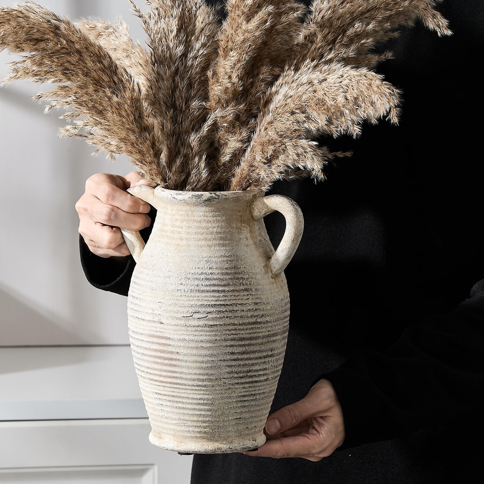 Large Ceramic Rustic Vase with 2 Handles, 9.8 inch Whitewashed Terra Cotta Va…