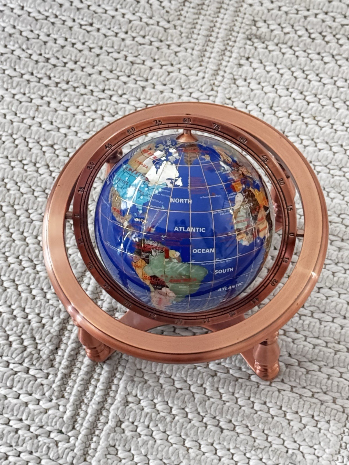 Semi-Precious Gemstone Globe 9” In Copper Tone Stand with Compass