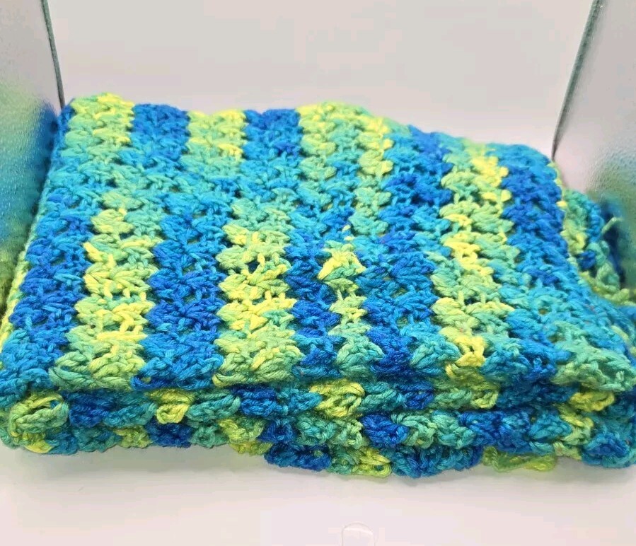 Crochet Lapghan Lap Blanket Shawl Wrap Fringe Afghan Blue Green Yellow 55″x22″