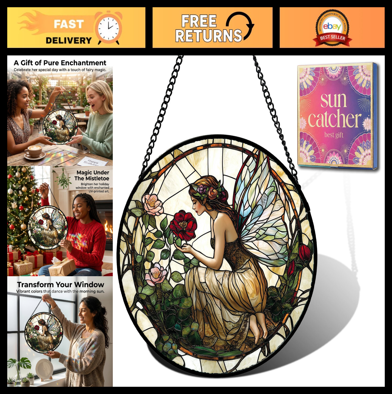 Butterfly Flower Fairy Faux Stained Glass Sun Catcher – Home Decor Gift for Wome