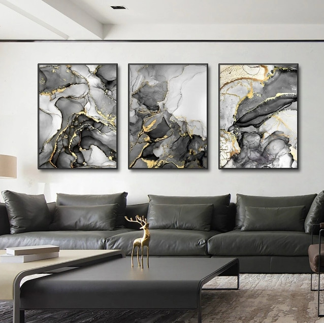 3pcs Frameless Luxury Black & Gold Marble Wall Art 30*40 Perfect for Home Decor