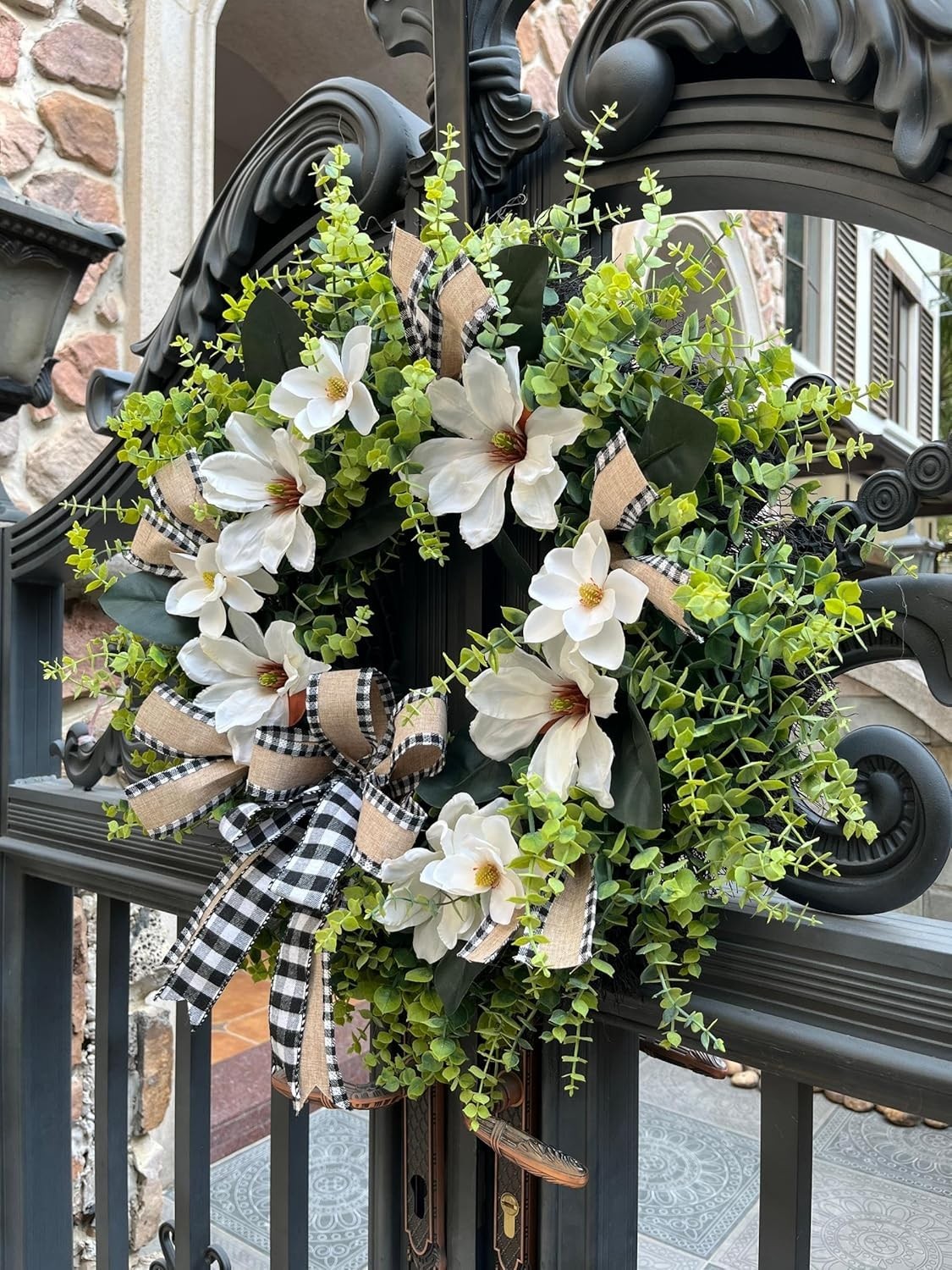 24 Inch Magnolia Wreath Farmhouse Door Decor Greenery Buffalo Plaid Bow