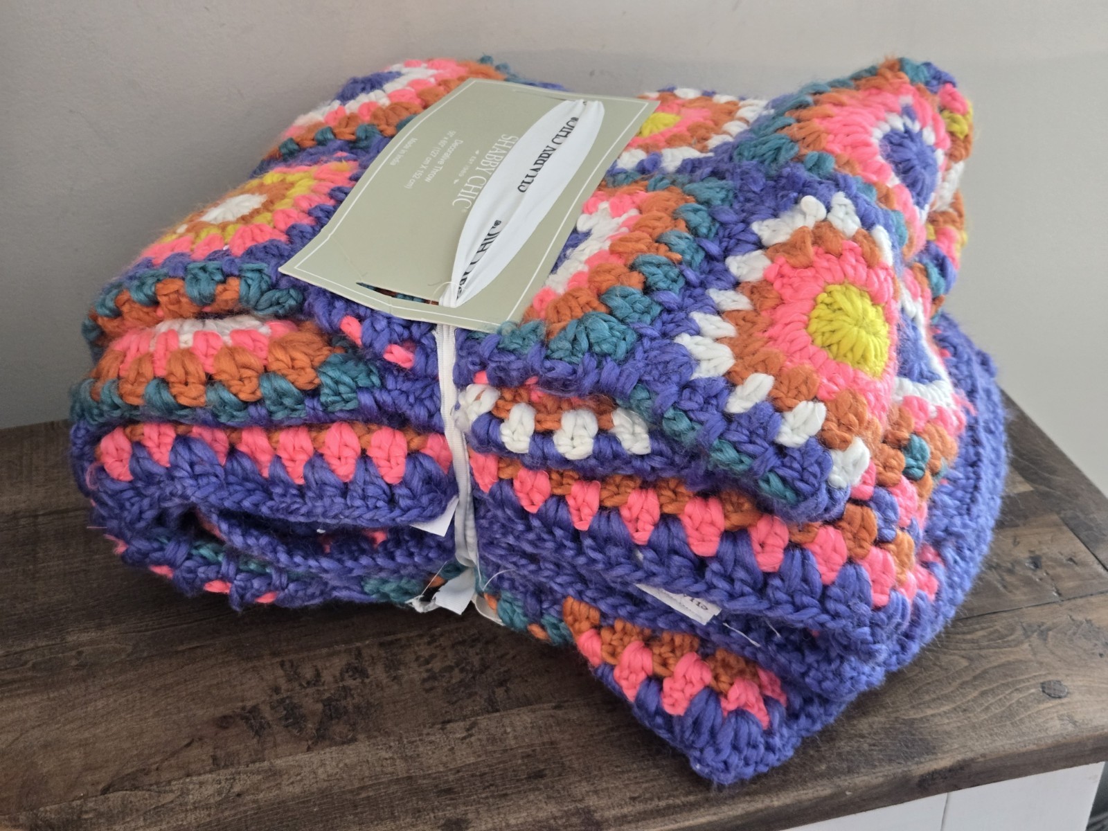 SHABBY CHIC CROCHET BRIGHT GRANNY SQUARE DECORATIVE THROW BLANKET AfGHAN