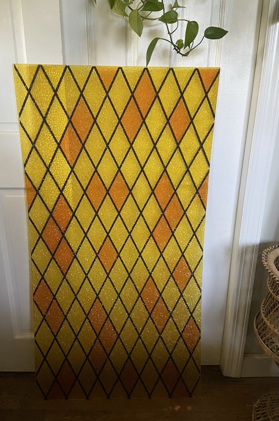 Vintage MCM Acrylic Textured Panel Orange/Gold/Black Diamond Harlequin