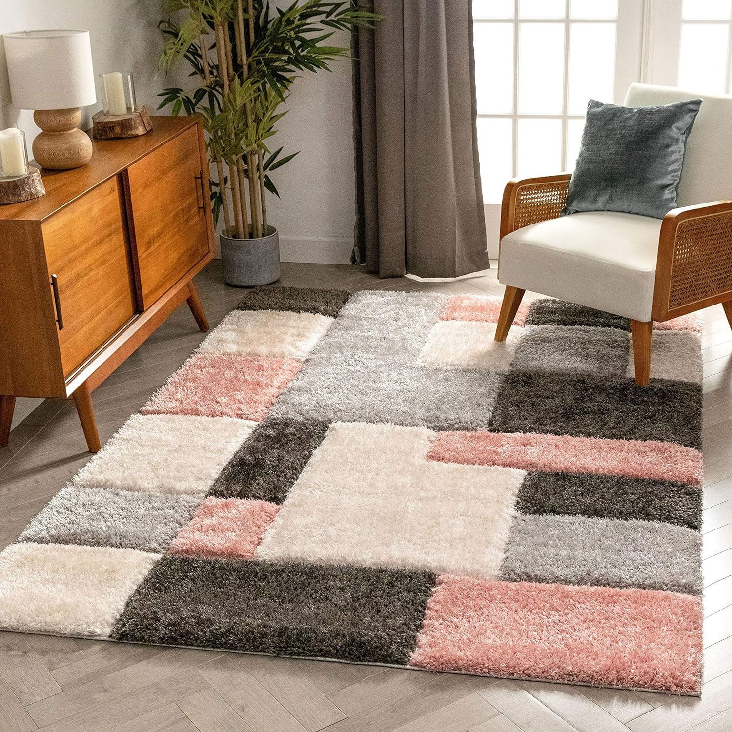 Modern Geometric 3D Textured Blush Shag Area Rug 5’3″ x 7’3″ San Francisco