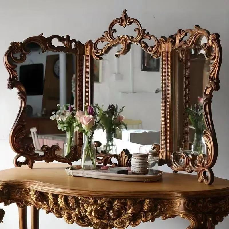 French Vintage Vanity Mirror Ornate Gold Tabletop Mirror Baroque Triple Folding