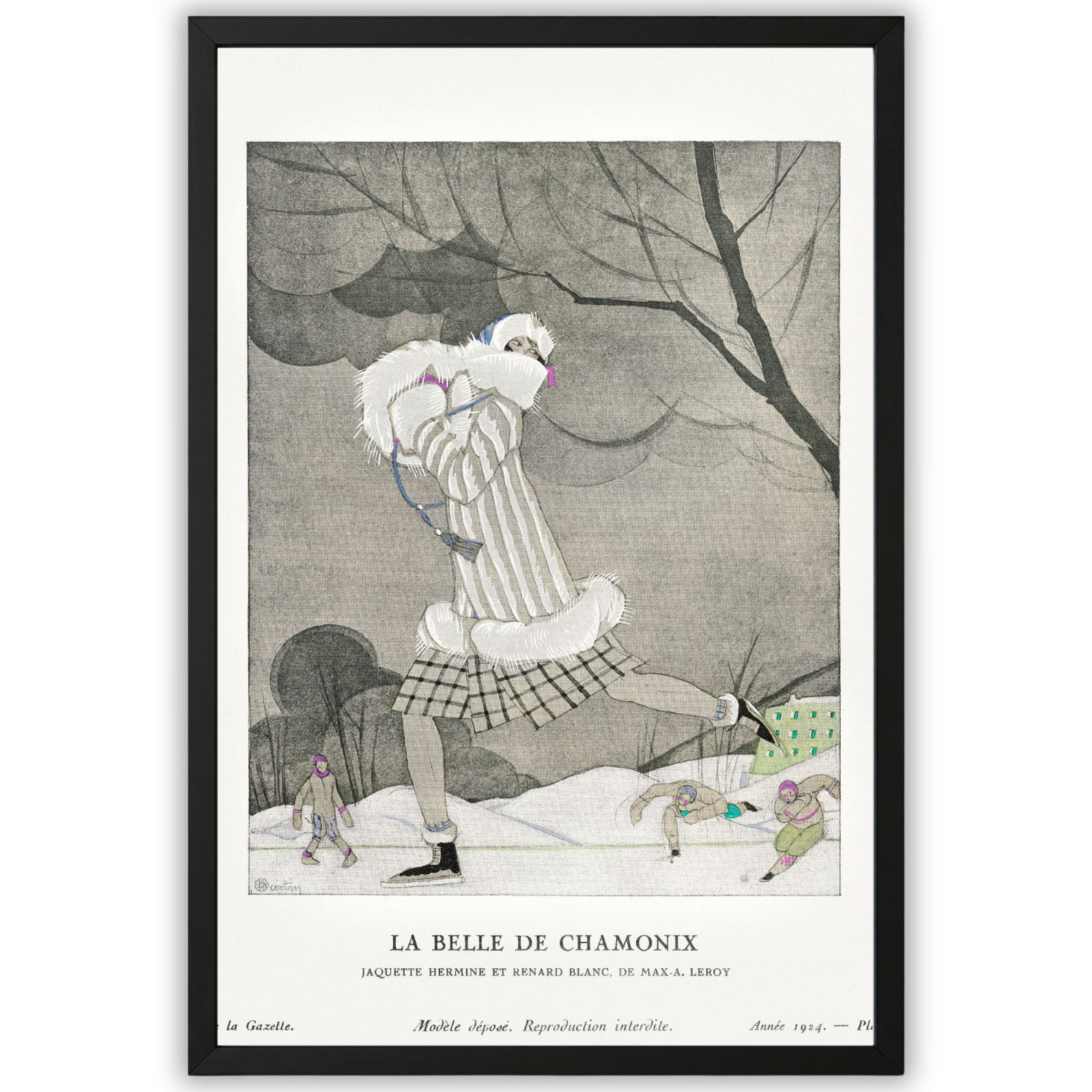 Vintage Art Deco Fashion Poster French Ski Scene Framed Print 11×17 Wall Decor
