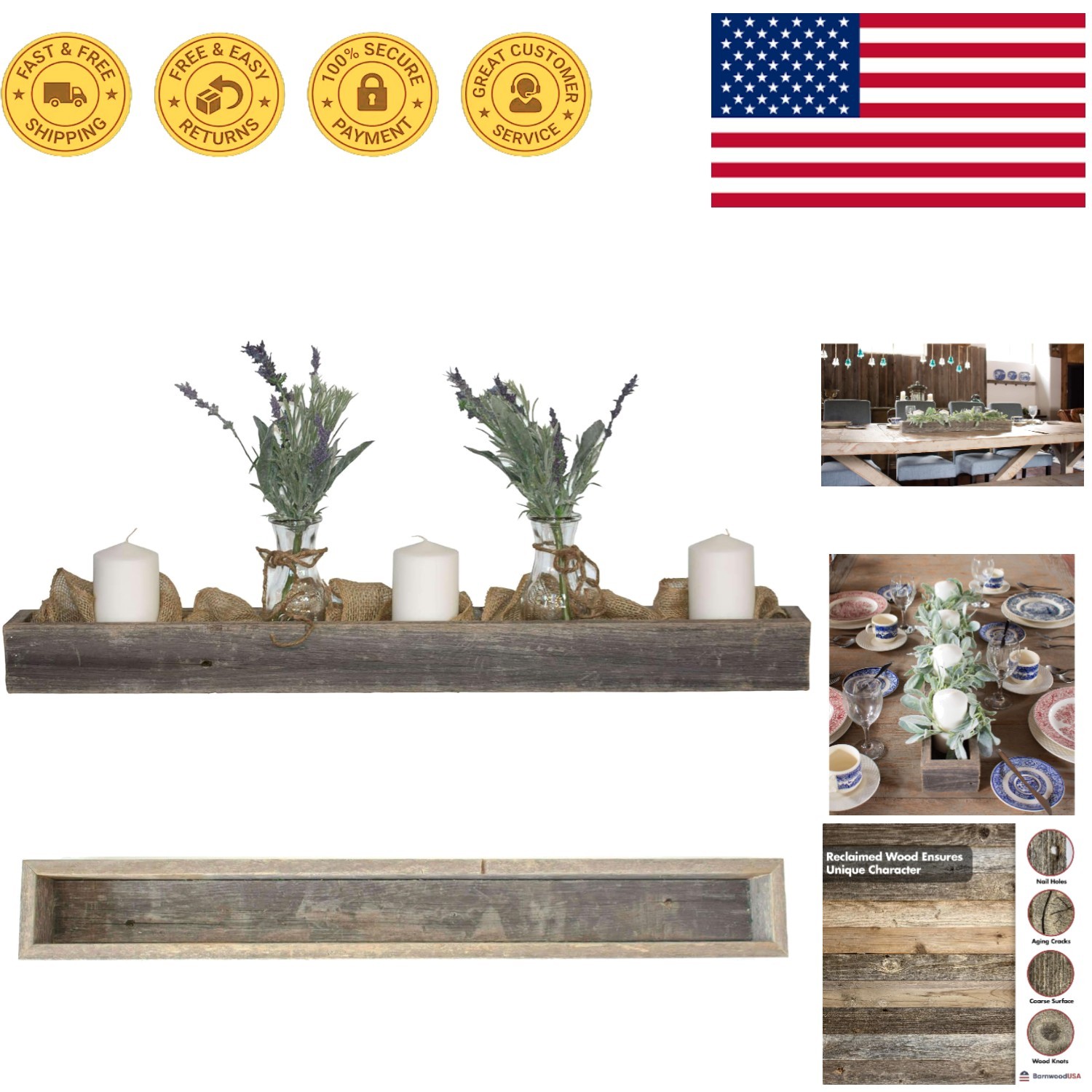 Country Rustic Barnwood Table Decor 35.5″L – Perfect for Planter & Organizing