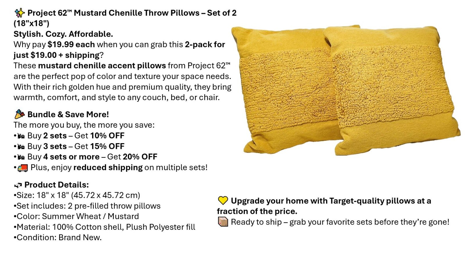 Project 62-Square Throw Pillows–Mustard Chenille Accent Set 2-Pack 18″x18″