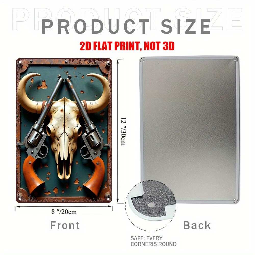 Retro West Cowboy Metal Wall Art Rustic Skull Revolver Tin Plaque Bar/Cafe Decor