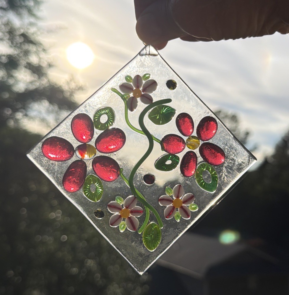 Fused Glass Handmade Diamond Shaped Multicolored Sun Catcher Signed By Artist